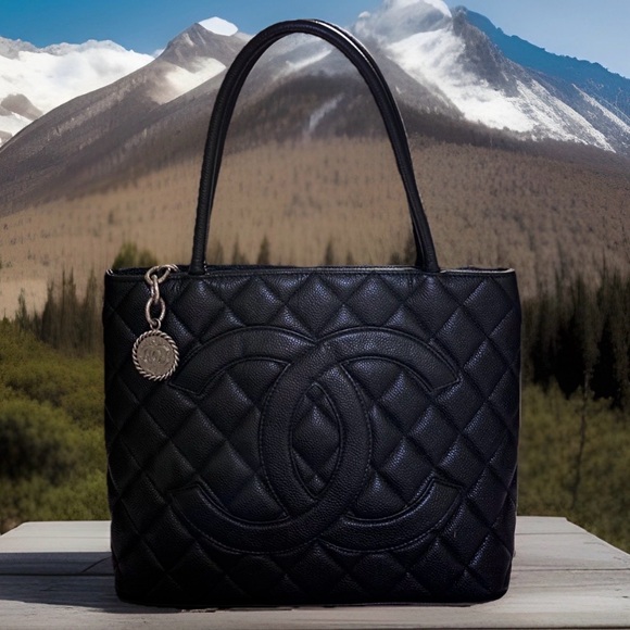 CHANEL Handbags - Chanel Medallion Black Quilted Caviar Skin Tote with Aged Silver Hardware